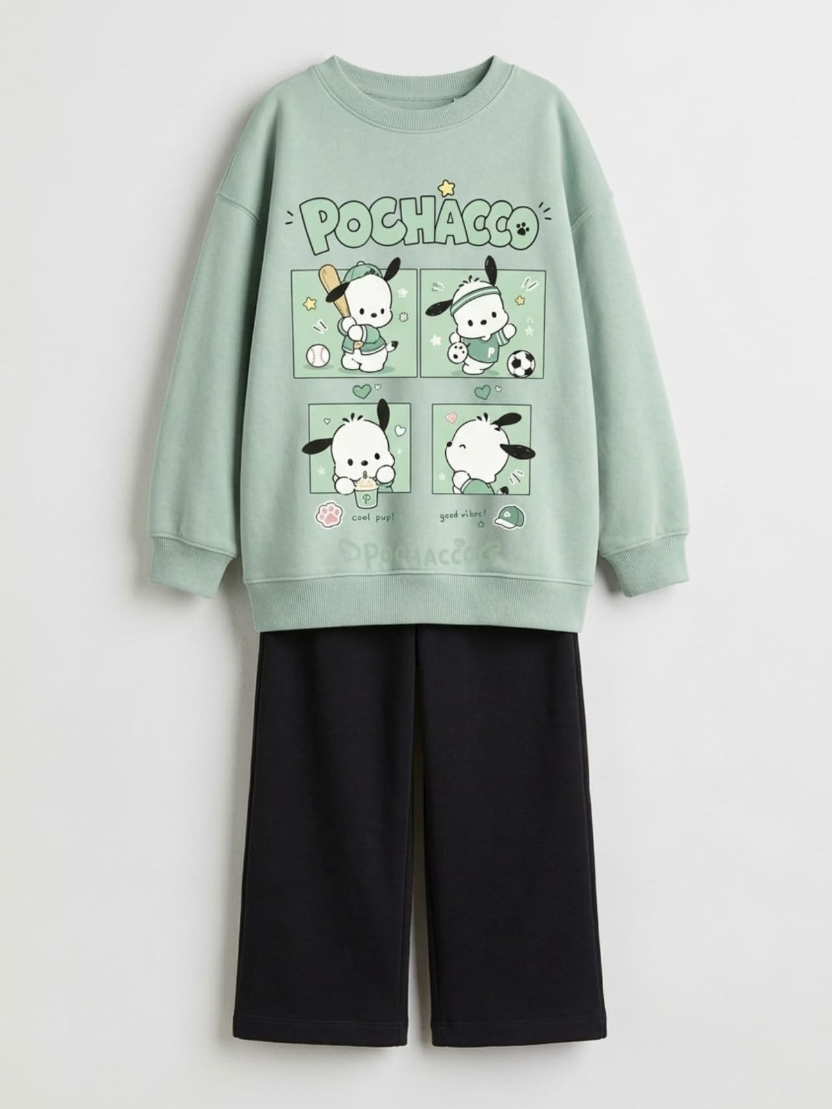 Pochacco Comic Sweatshirt & Wide-Leg Pants Set - Sage Green & Black