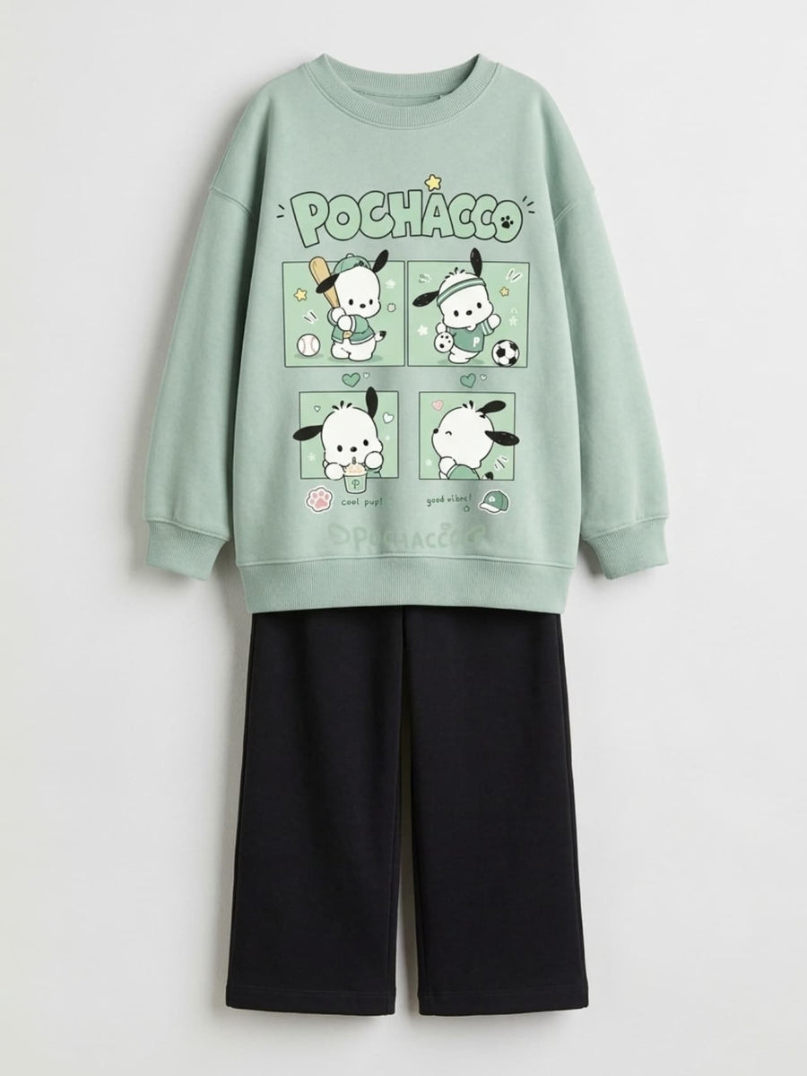 Pochacco comic sage green sweatshirt with black wide-leg pants set for kids