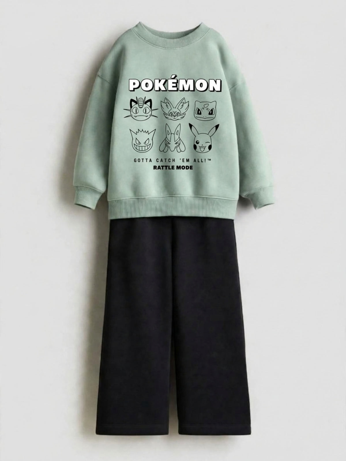 Pokemon Gotta Catch Em All sage green sweatshirt with black wide-leg pants set for kids