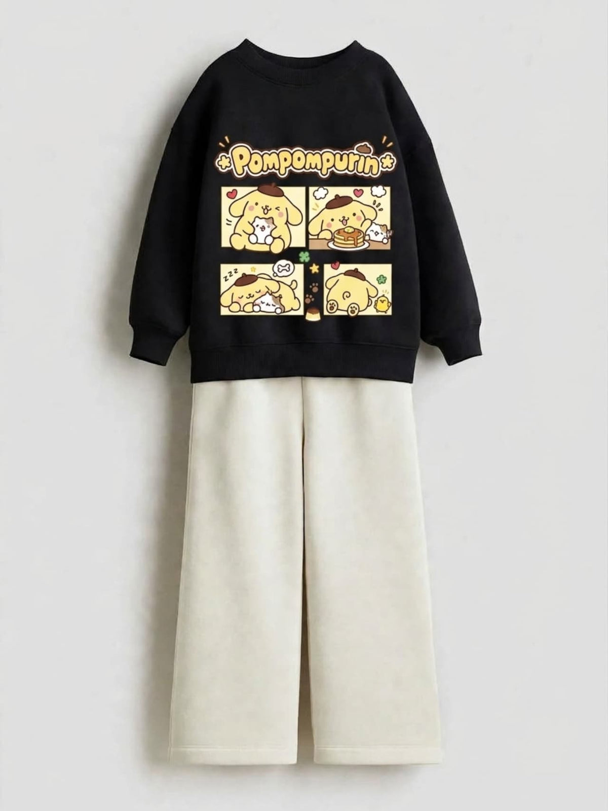 Pompompurin Comic Sweatshirt & Wide-Leg Pants Set - Black & Cream
