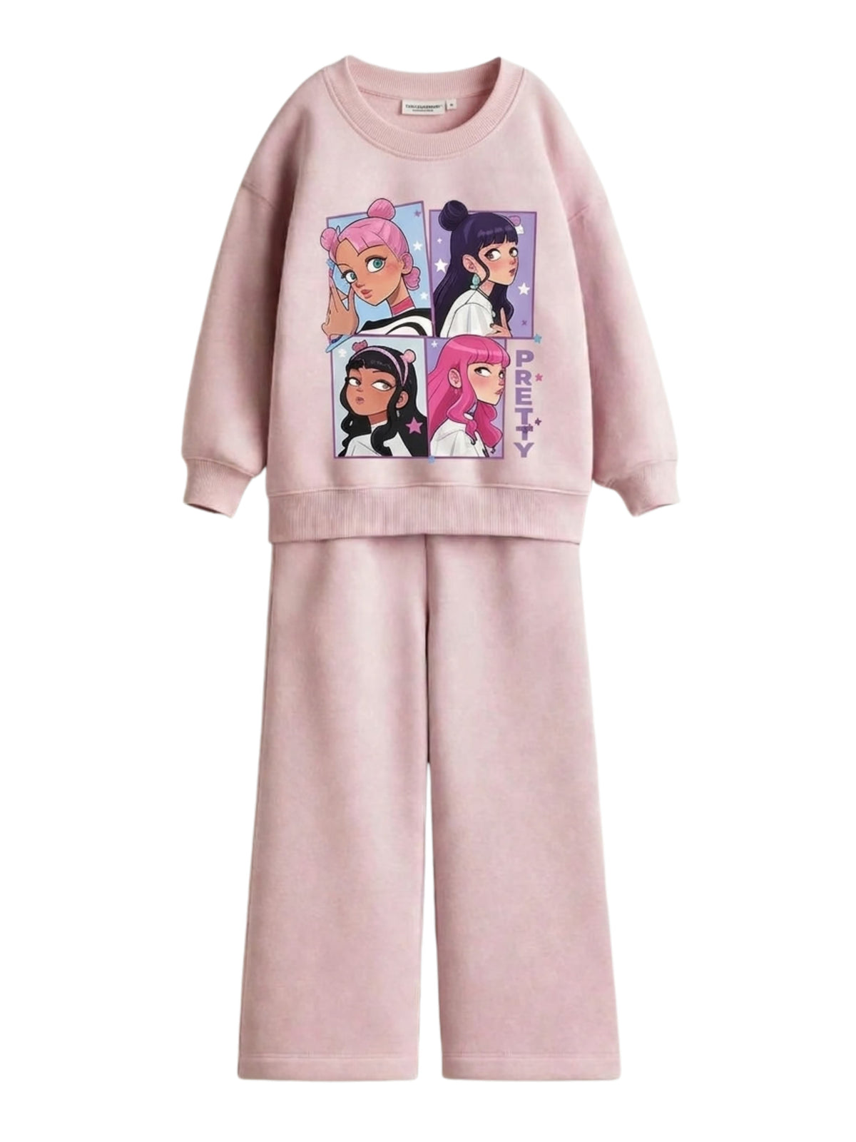 Pretty anime girls four-panel print pink sweatshirt and wide-leg pants set