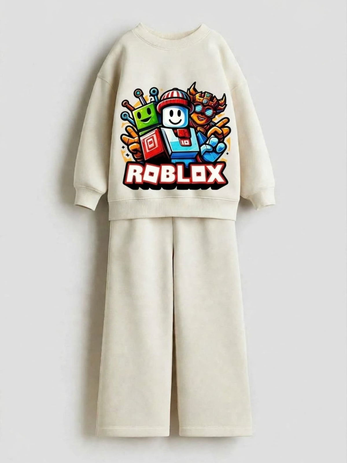 Roblox characters cream sweatshirt and wide-leg pants set for kids