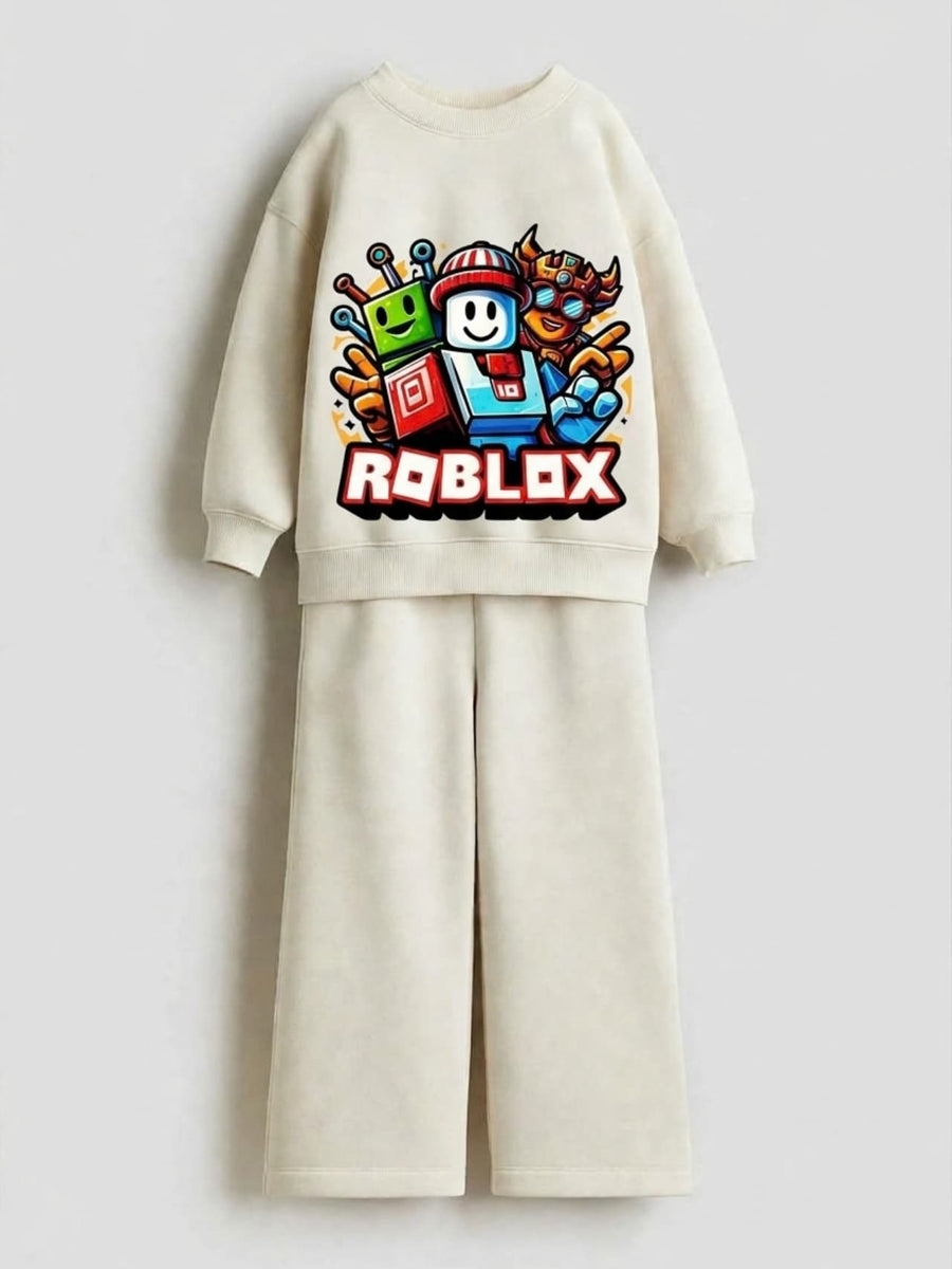 Roblox characters cream sweatshirt and wide-leg pants set for kids
