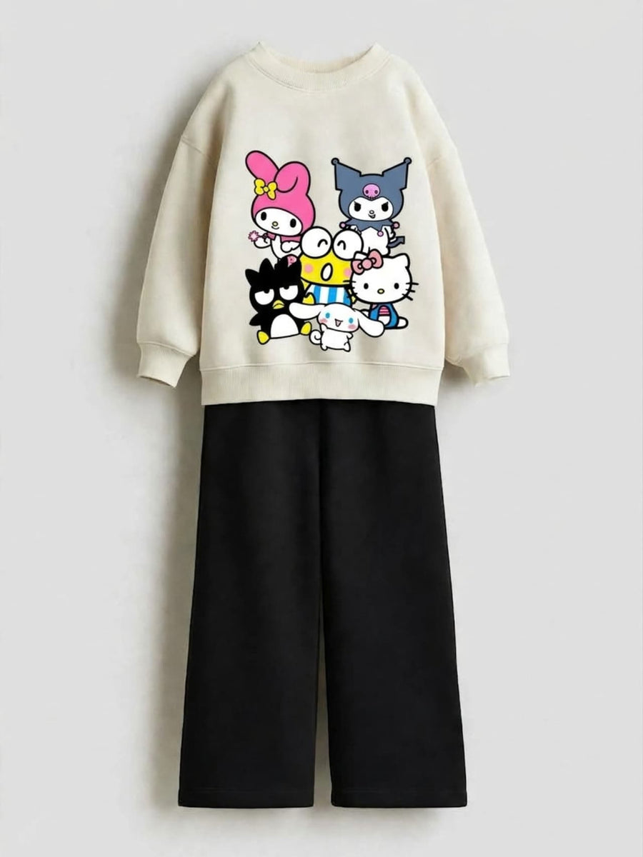 Sanrio friends cream sweatshirt with black wide-leg pants set for girls