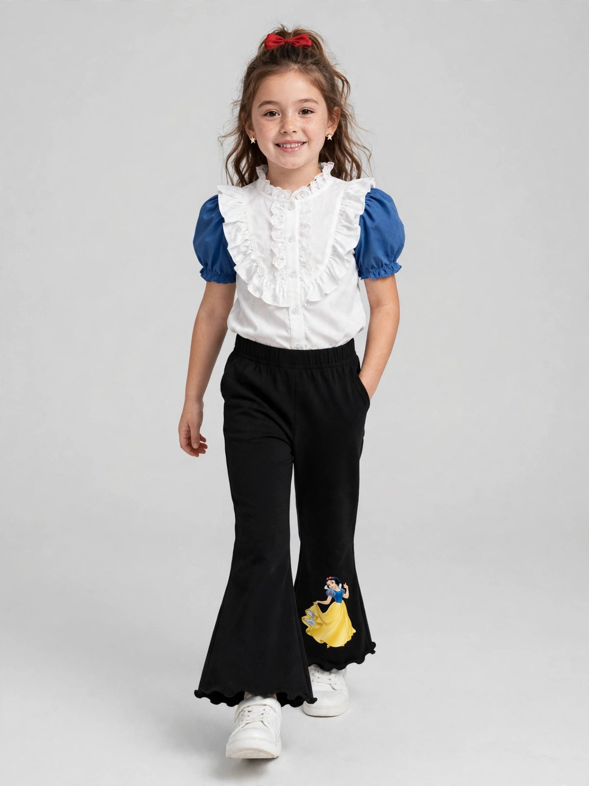 Girls Snow White Print Flare Pants - Black