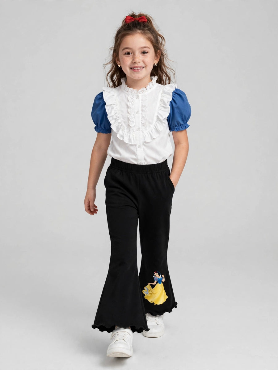 Girls Snow White Print Flare Pants - Black