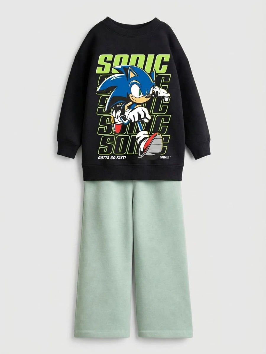 Sonic Gotta Go Fast black sweatshirt with sage green wide-leg pants set for boys