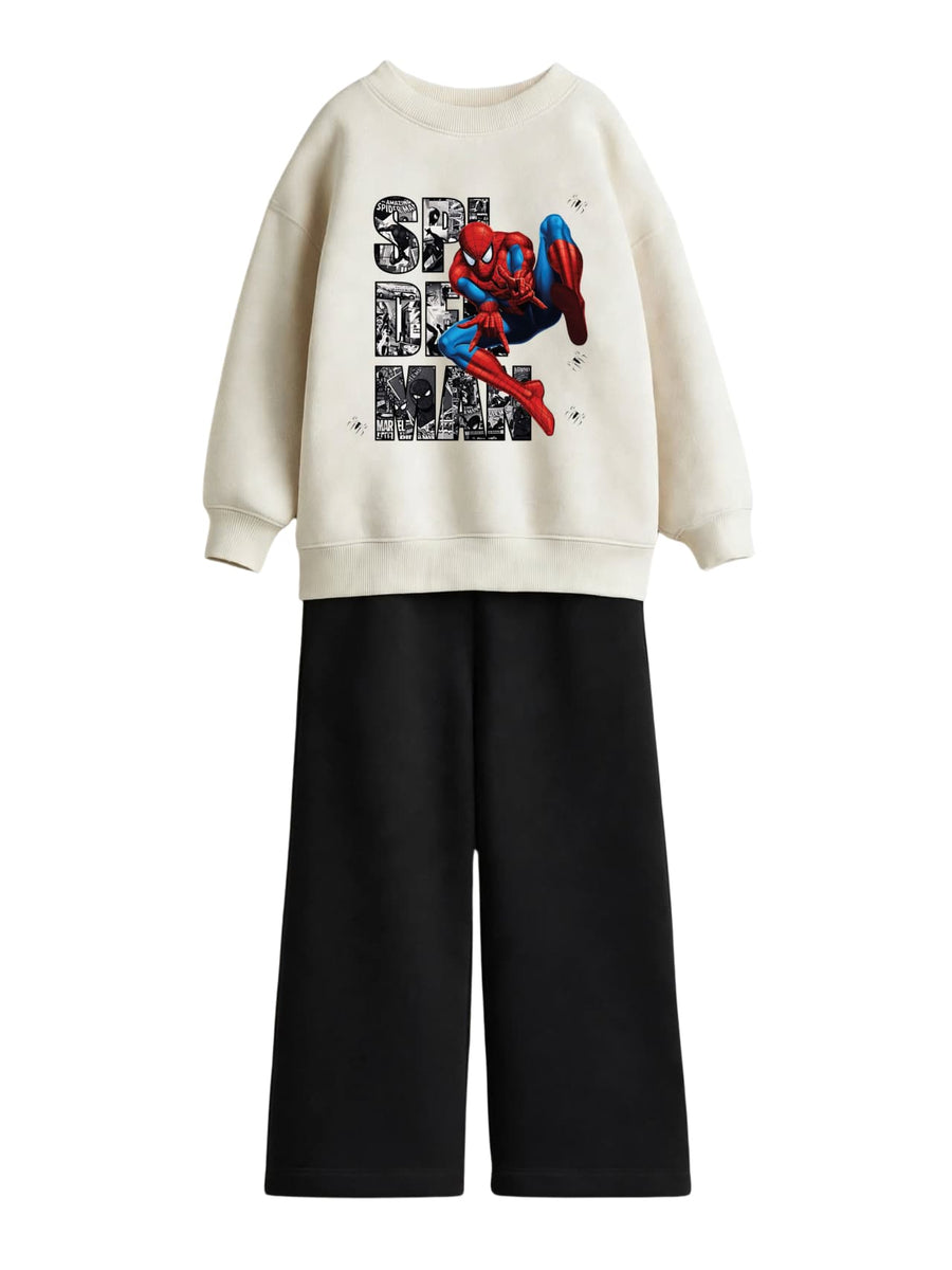 Spider-Man comic cream sweatshirt with black wide-leg pants set for boys