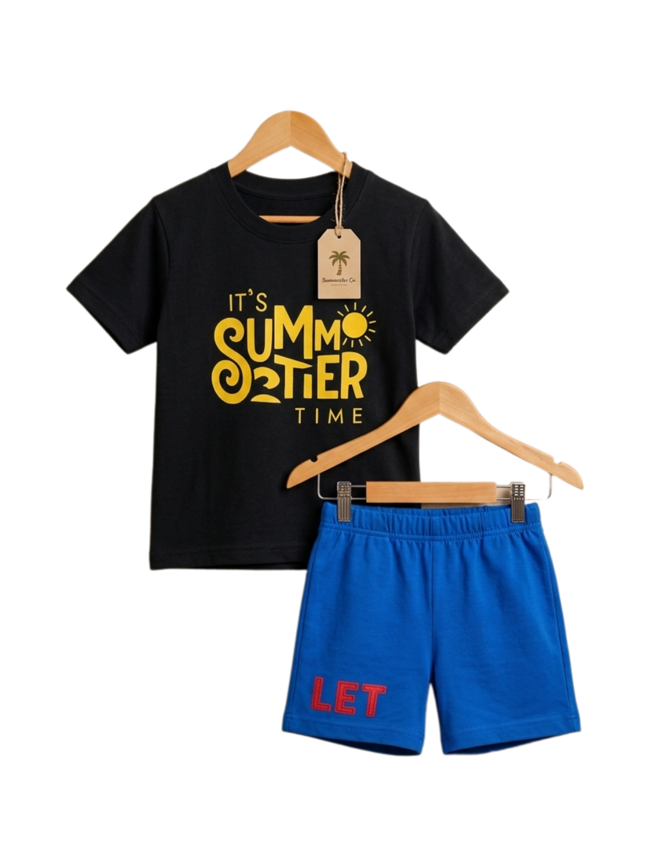 Summer Time Tee Set - toddler black tee with yellow Summer Time graphic and blue shorts