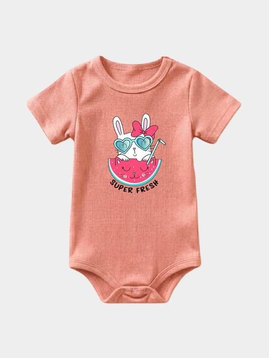 "Super Fresh" Peach Bunny Baby Bodysuit
