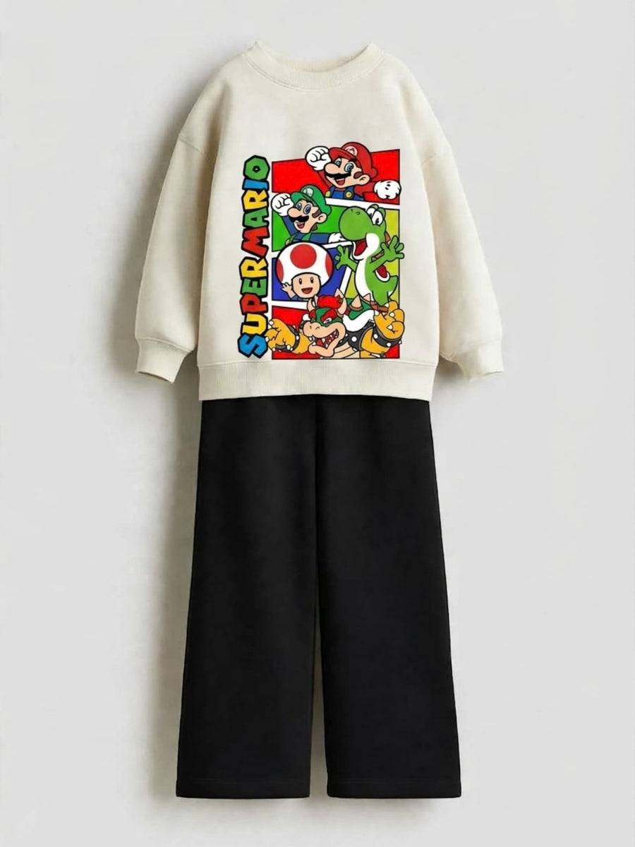 Super Mario and friends cream sweatshirt with black wide-leg pants set for kids