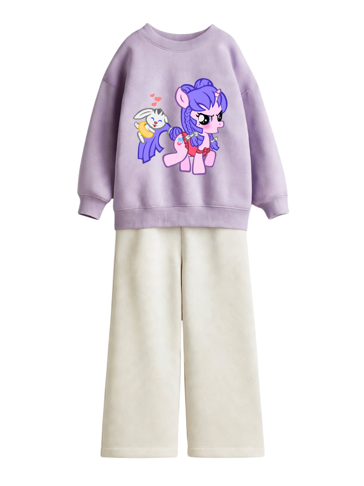 Unicorn pony and bunny lavender sweatshirt with cream wide-leg pants set for girls