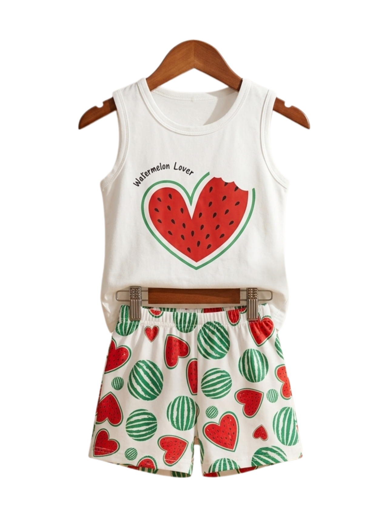 Watermelon Heart Tank Set - toddler white tank with watermelon heart graphic and watermelon shorts
