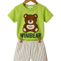 Winibear Toy Tee Set - toddler green tee and black-striped shorts with bear toy graphic