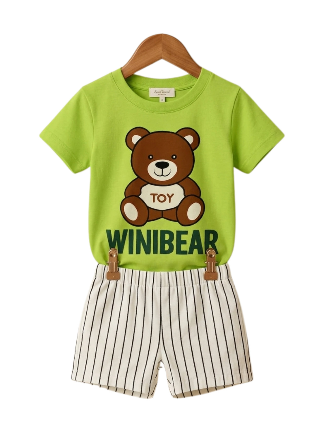 Winibear Toy Tee Set - toddler green tee and black-striped shorts with bear toy graphic