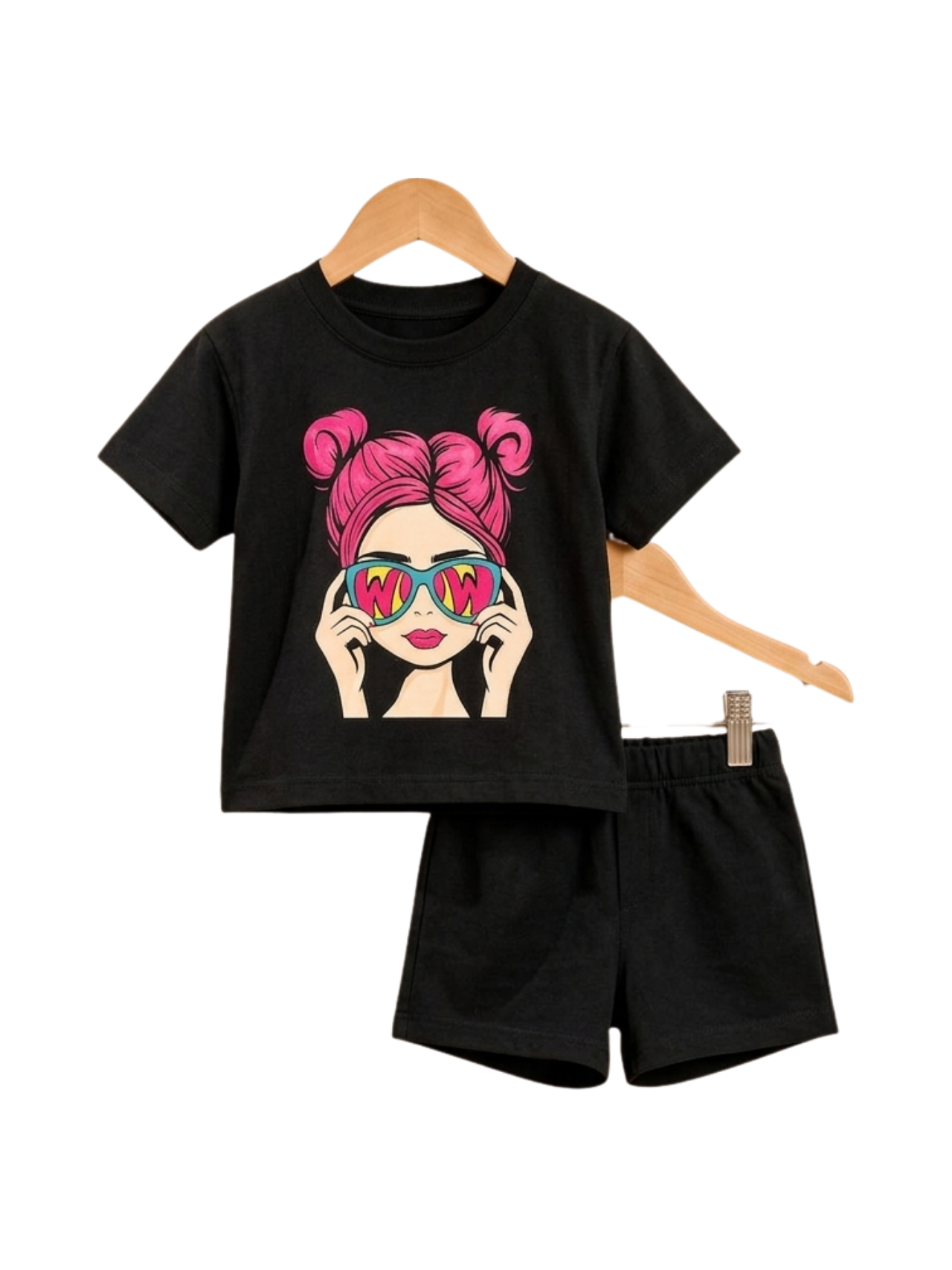 Wow Pop Art Tee Set - toddler black tee with pop-art girl graphic and black shorts