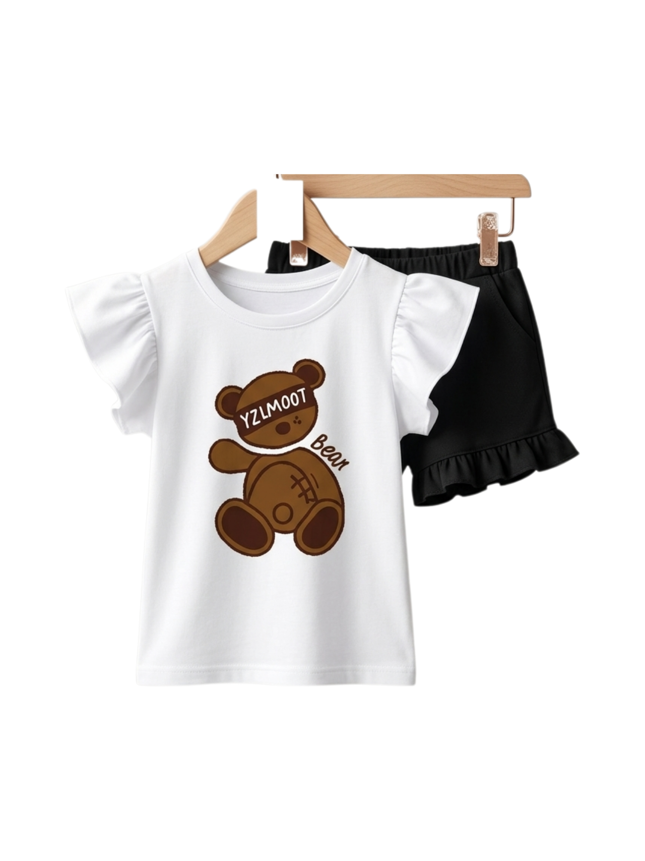 Y2LM007 Bear Tee Set - toddler white ruffle tee with bear graphic and ruffle-trim shorts